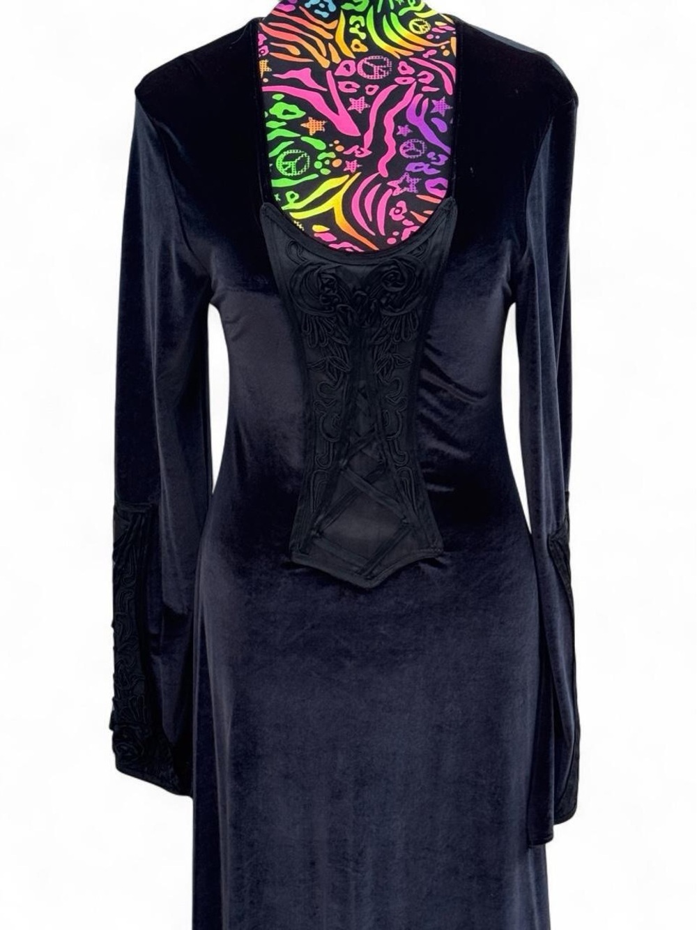 Cykxtees 90s y2k Black Velvet Gothic Maxi Dress iridescent Bodice corset vamp - Picture 6 of 7